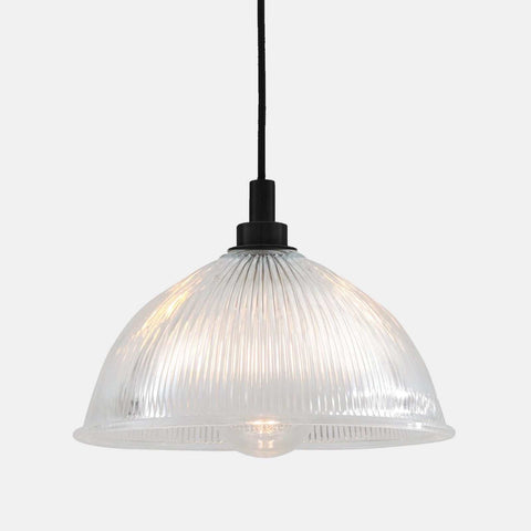 Maris Bathroom Pendant Light with prismatic glass shade and black fixture, water-resistant for bathroom and outdoor use