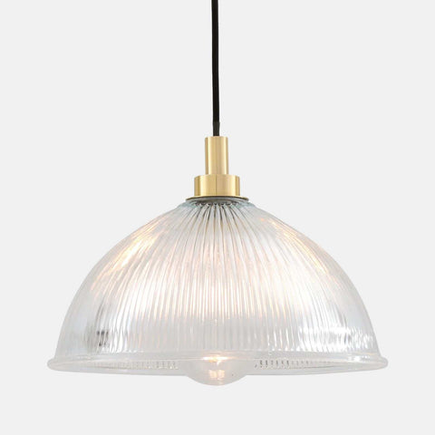 Maris Bathroom Pendant Light with prismatic glass shade and brass finish, water-resistant for bathroom and outdoor use