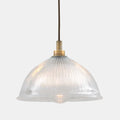 Maris Bathroom Pendant Light with prismatic glass shade and brass fixture, water-resistant for bathroom and outdoor use, providing soft, glare-free illumination