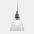 Bo Bathroom Pendant Light with clear glass teardrop shade and metal fixture, suitable for bathrooms and outdoor moisture-prone areas.