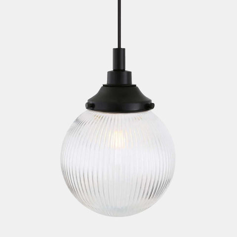Laguna Bathroom Pendant light with ribbed glass globe and black fixture, modern and elegant bathroom lighting
