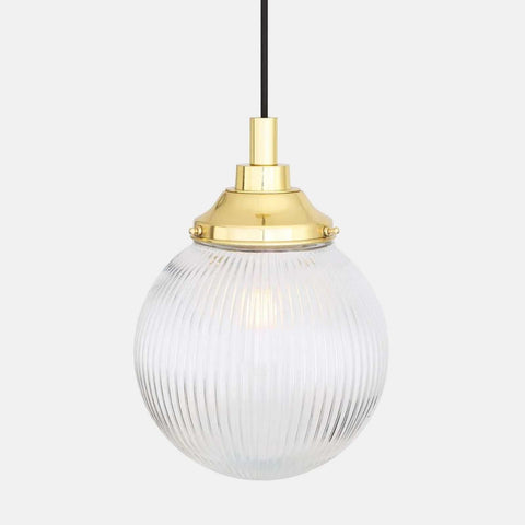 Laguna Bathroom Pendant light with ribbed glass globe and brass finish, modern hanging fixture for bathrooms and kitchens