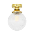 Cherith Bathroom Ceiling Light with brass finish and ribbed holophane glass globe shade