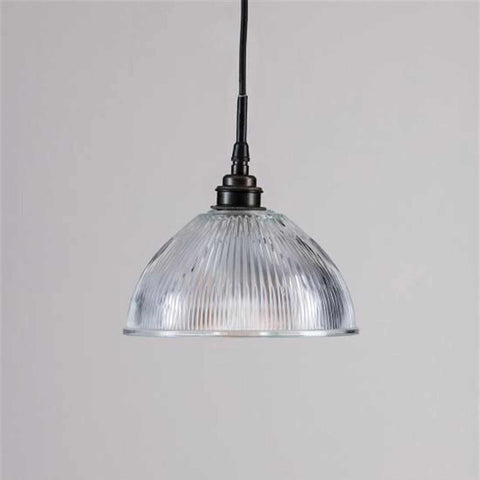 Waltham Bathroom Prismatic Glass Pendant Light with vintage-inspired ribbed glass shade and black fixture, IP44 rated for bathroom and kitchen use