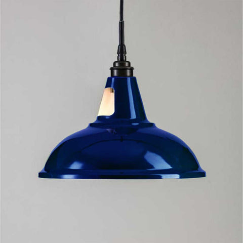 Tilbury Bathroom Factory Pendant Light in glossy blue industrial design with black flex and ceiling rose