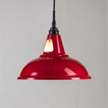 Tilbury Bathroom Factory Pendant Light in vibrant red with industrial design and black flex cable.