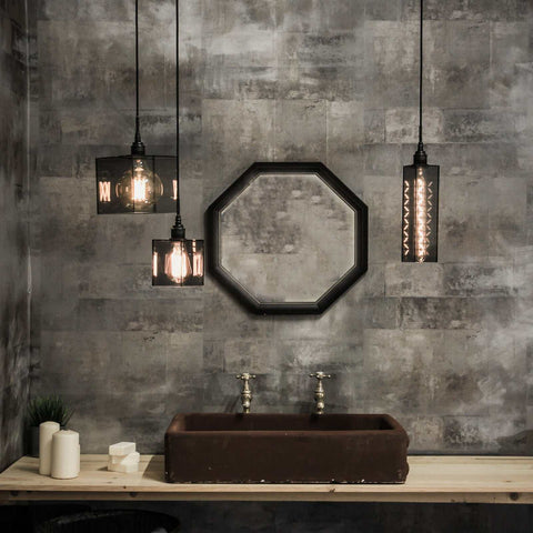 Bramley Bathroom smoked grey glass long pendant lights over rustic sink in modern bathroom interior