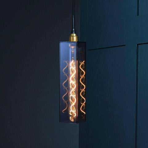 Bramley Bathroom smoked long pendant light with grey smoked glass and decorative LED bulb hanging in dark modern interior