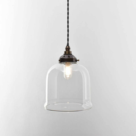 Hythe small clear glass shade pendant light with hand-blown curved design and adjustable black twisted cord