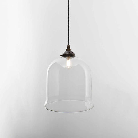 Hythe Medium clear hand blown glass shade bathroom pendant light with adjustable flex and vintage bulb