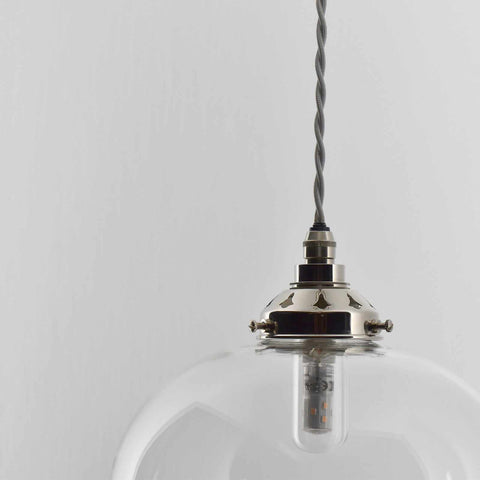 Hythe Medium Clear Glass Shade pendant light with handcrafted, curvaceous design and adjustable flex hanging from ceiling