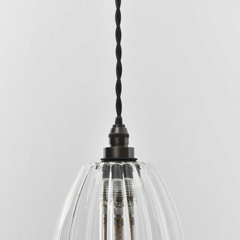 Camber small ribbed glass shade bathroom pendant light with black twisted cord and metal fixture