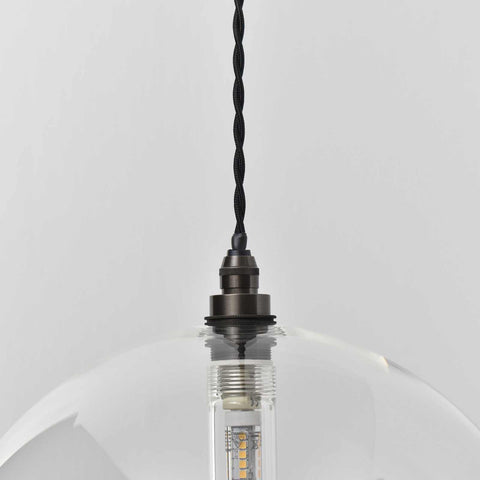 Soho Extra Large clear glass shade bathroom pendant light with black twisted cord and metal fittings