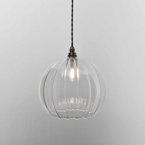 Soho large ribbed glass shade bathroom pendant light with handcrafted clear ribbed glass and vintage-style bulb