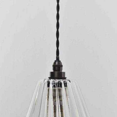 Rye medium ribbed glass bathroom pendant light with handblown ribbed glass shade and black twisted cord