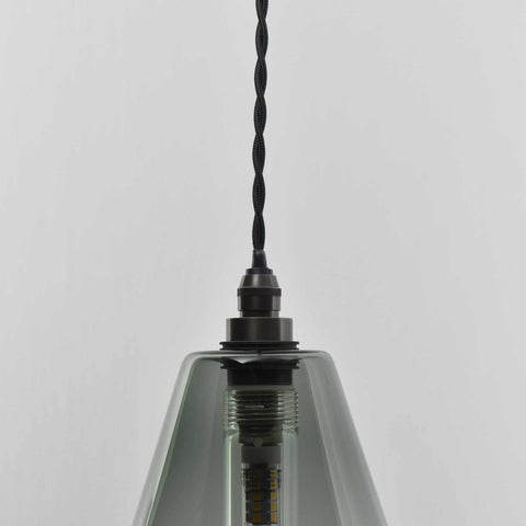 Rye Small Smoked Glass Shade pendant light with handblown smoked glass, black fixture, and twisted cord, ideal for bathroom lighting
