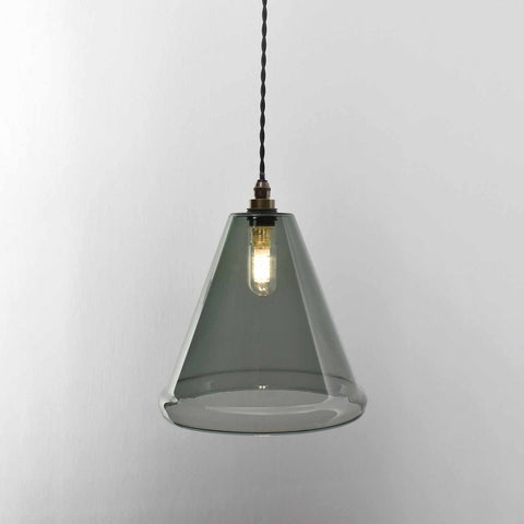 Rye medium smoked glass pendant light with conical shade hanging from twisted cord
