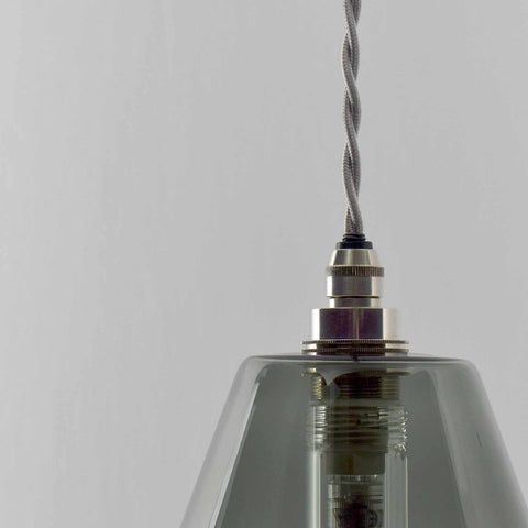 Rye Medium Smoked Glass pendant light with handcrafted smoked glass shade and metallic fixture for bathroom lighting