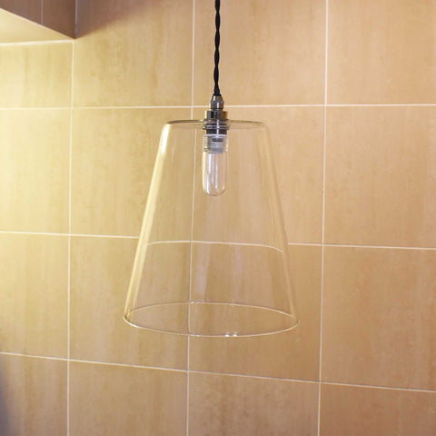 Newbury Large Clear Glass Shade pendant light with tapered hand-blown glass design for bathroom lighting