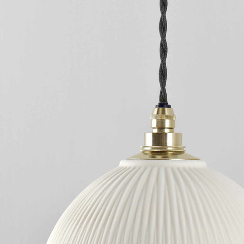Denton Medium Ribbed ceramic pendant light with brass fitting and twisted cord for bathroom lighting