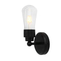 Iden Bathroom Wall Light with black metal base and clear glass shade, industrial style wall sconce with LED bulb.