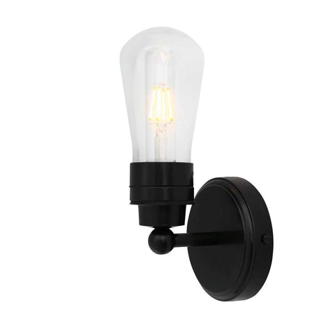 Iden Bathroom Wall Light with black metal base and clear glass shade, industrial style wall sconce with LED bulb.