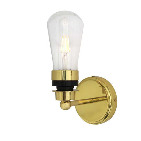 Iden Bathroom Wall Light with polished brass finish and clear glass bulb holder for indoor and outdoor use
