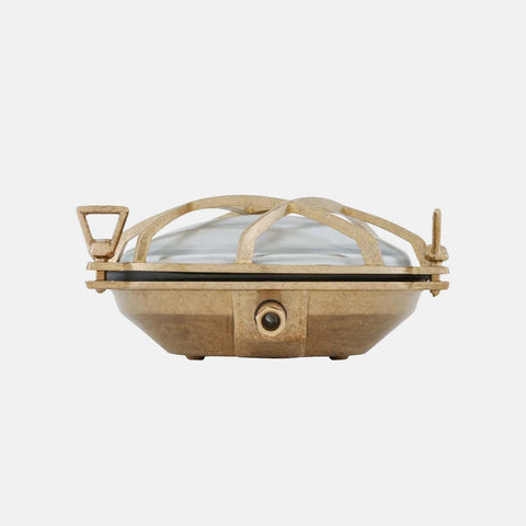 Wessex Bulkhead Wall Light in satin brass with nautical design, durable IP54-rated indoor/outdoor fixture for modern and industrial spaces.