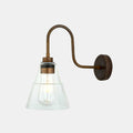 Kairi Bathroom Wall Light with swan neck design, clear glass shade, and antique bronze finish, ideal for indoor and outdoor use.