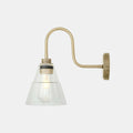 Kairi Bathroom Wall Light with swan neck, clear glass shade, and brass finish, modern and water-resistant design