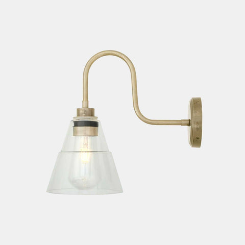 Kairi Bathroom Wall Light with swan neck, clear glass shade, and brass finish, modern and water-resistant design
