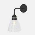Bo Bathroom Wall light with clear teardrop glass shade and black industrial metal fixture, dimmable and waterproof for indoor and outdoor use.
