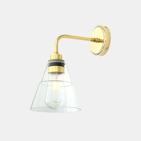 Bo Bathroom Wall light with clear glass shade and brass finish, industrial-style dimmable wall sconce for indoor and outdoor use