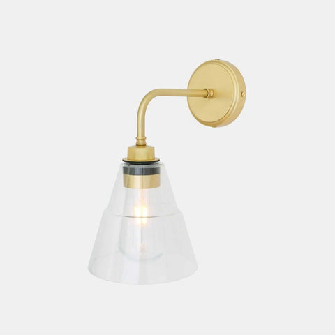 Bo Bathroom Wall light with clear glass shade and brass finish, dimmable industrial-style wall sconce for indoor and outdoor use