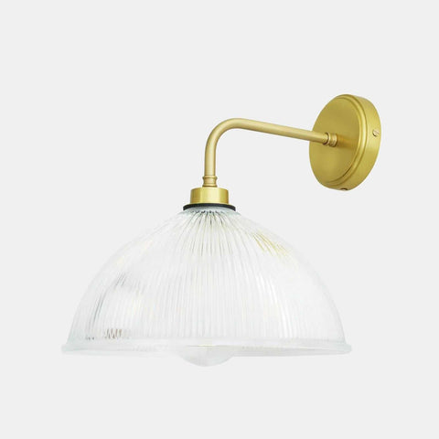 Maris Bathroom Wall Light with straight arm and prismatic glass shade, brass finish, waterproof and elegant ambient lighting fixture