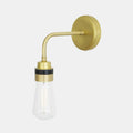 Bo Bathroom Wall light with brass finish, industrial design, and clear teardrop glass shade, suitable for indoor and outdoor use.