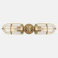 Clayton Bathroom Double Well Wall Light with brass finish and industrial glass shades, semi-flush mount design ideal for bathrooms and indoor spaces.