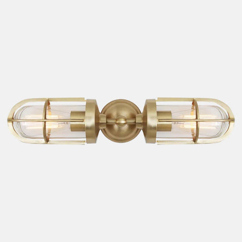 Clayton Bathroom Double Well Wall Light with brass finish and industrial glass shades, semi-flush mount design ideal for bathrooms and indoor spaces.