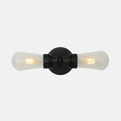 Aldbury Bathroom double wall light in matte black with two clear glass teardrop shades and dimmable bulbs