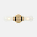 Aldbury Bathroom double wall light with dual clear glass shades and satin brass finish, dimmable and water-resistant bathroom lighting fixture