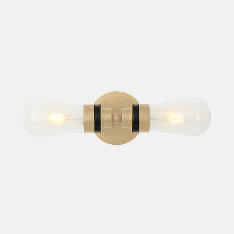 Aldbury Bathroom double wall light with dual clear glass shades and satin brass finish, dimmable and water-resistant bathroom lighting fixture