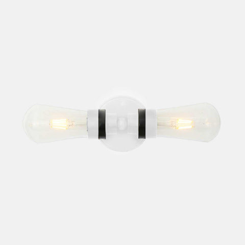 Aldbury Bathroom double wall light with clear teardrop glass shades and dimmable bulbs in matt black finish
