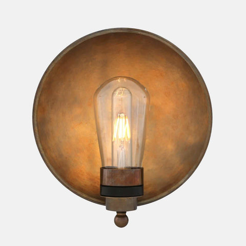 Chulainn Bathroom Dish Wall Light with antique brass dish shade and exposed bulb, moisture-resistant for bathroom use
