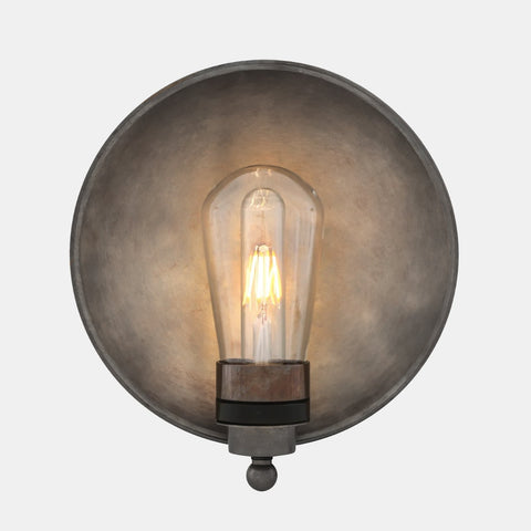 Chulainn Bathroom Dish Wall Light with antique silver finish, glass bulb, and curved bracket, moisture-resistant for bathrooms.
