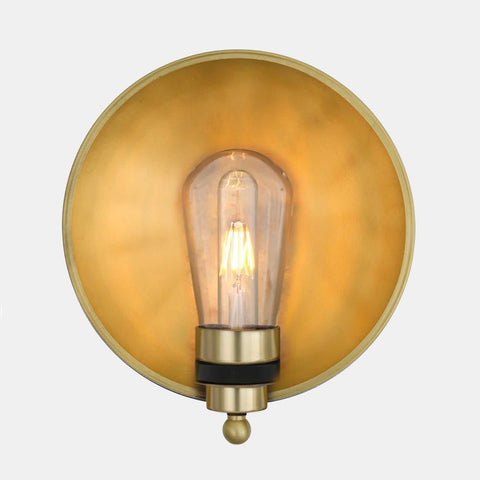 Chulainn Bathroom Dish Wall Light with brass dish shade and vintage-style bulb, moisture-resistant for bathroom use