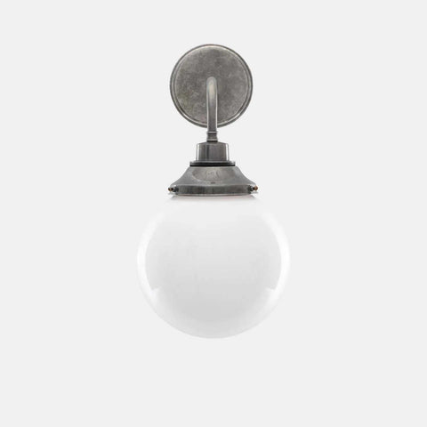 Laguna Bathroom Wall Light with opal glass shade and vintage metal fixture, 20cm size, waterproof IP44 rated wall sconce
