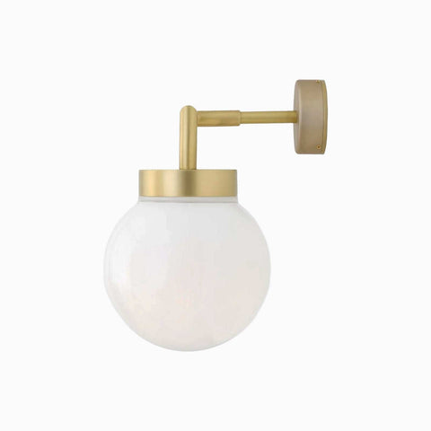 Jordan White Glass Wall-mounted light fixture with gold arm and white glass shade on a white background