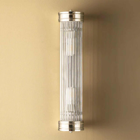 Pooky Long Roddy bathroom wall light with two bulbs and glass rods in Art Deco style, IP44 rated, mounted on beige wall