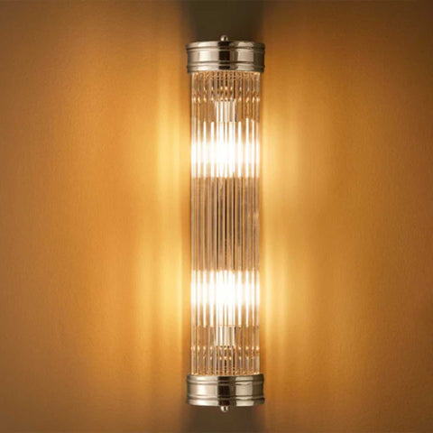 Pooky Long Roddy bathroom wall light with vertical glass rods and two illuminated bulbs in a sleek Art Deco design