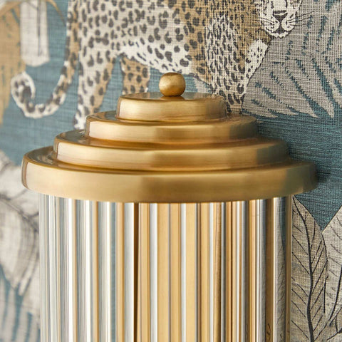 Baby Roddy Bathroom wall light with clear glass rods and polished gold semi-circular fitting in Art Deco style